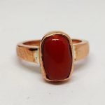 Natural red coral cylindrical shape (moonga) gemstone copper ring