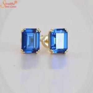 Emerald Shape Blue Sapphire Studs, Gold Gemstone Earrings