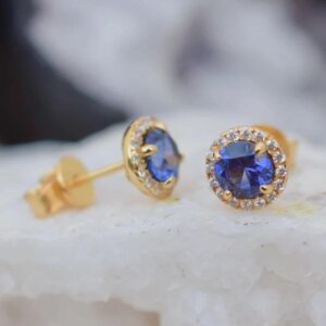 18k Gold Sapphire Studs, Lab Grown Sapphire Earrings