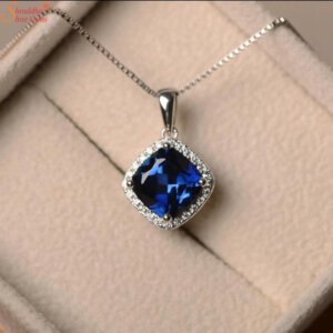 Cushion Shape Blue Sapphire Gemstone Pendant With Moissanite Diamond