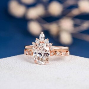 Oval Cut Moissanite Diamond Art Deco Band Engagement Ring Set