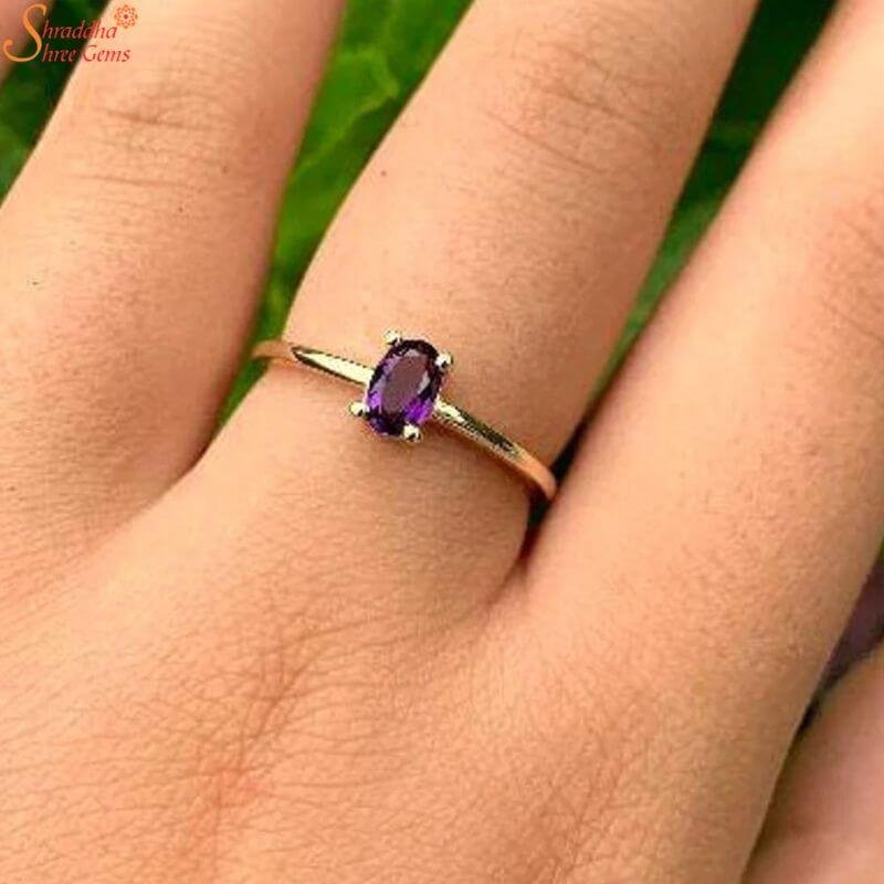 Oval Amethyst Solitaire Ring, February Birthstone Ring