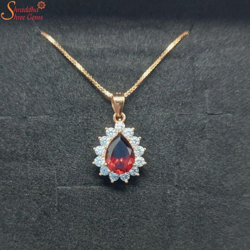 Pear Shape Red Garnet Necklace With Moissanite Diamond
