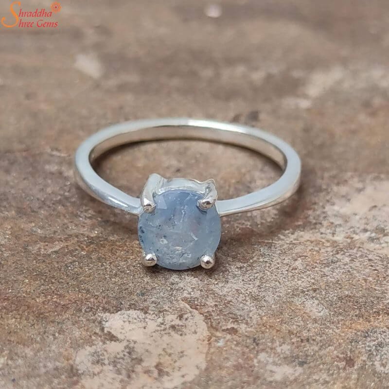 Round Ceylon Blue Sapphire Ring, Neelam Gemstone Ring
