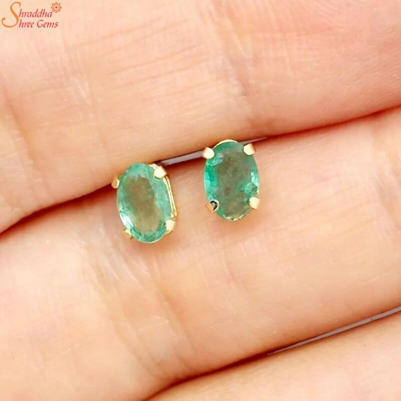 Gold Emerald Stud Earrings, May Birthstone Earrings
