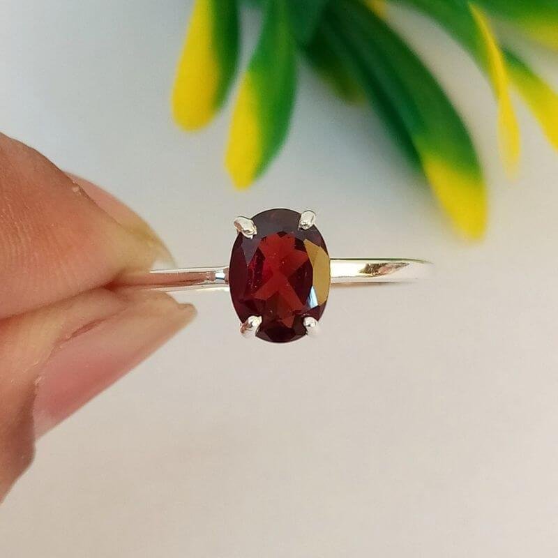 Dainty Red Garnet Solitaire Ring, Natural Gemstone Silver Ring