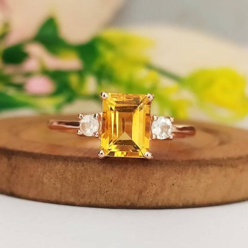 Natural Citrine Wedding Ring, Emerald Cut Citrine Silver Ring