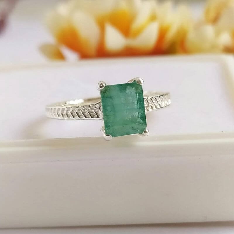 Natural Emerald Gemstone Sterling Silver Ring, Panna Ring
