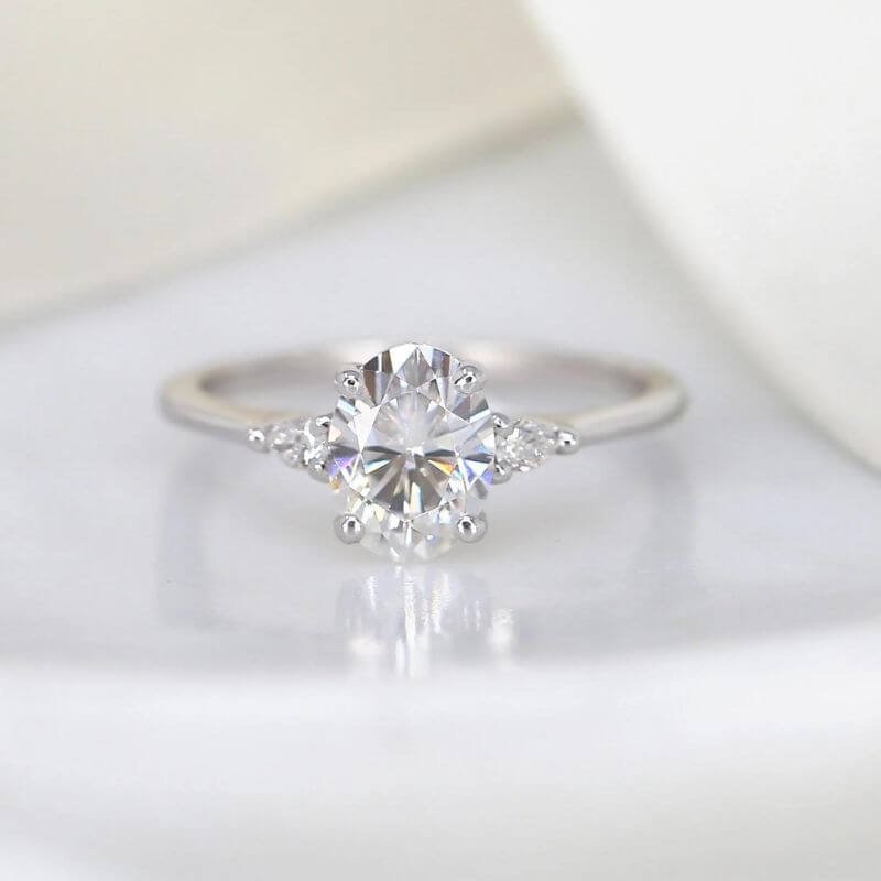Oval Pear Moissanite Engagement Ring, Three Diamonds Ring