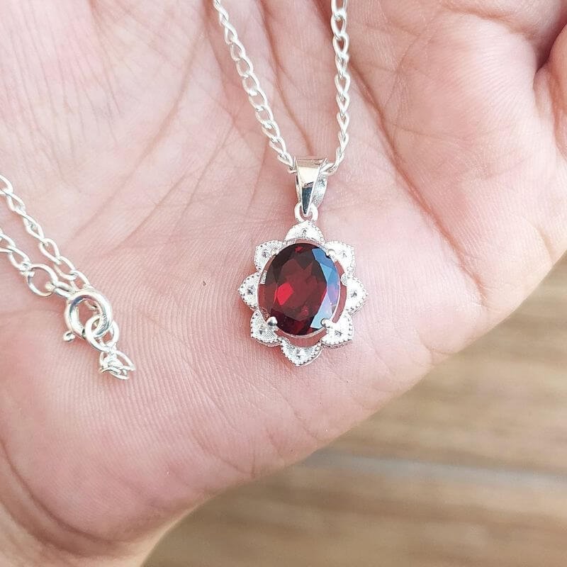 Natural Red Garnet Gemstone Sterling Silver Necklace