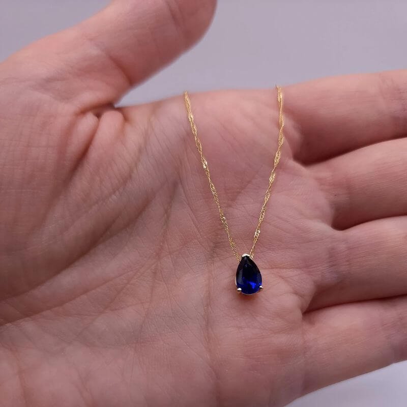 14k Gold Blue Sapphire Teardrop Necklace, Neelam Pendant